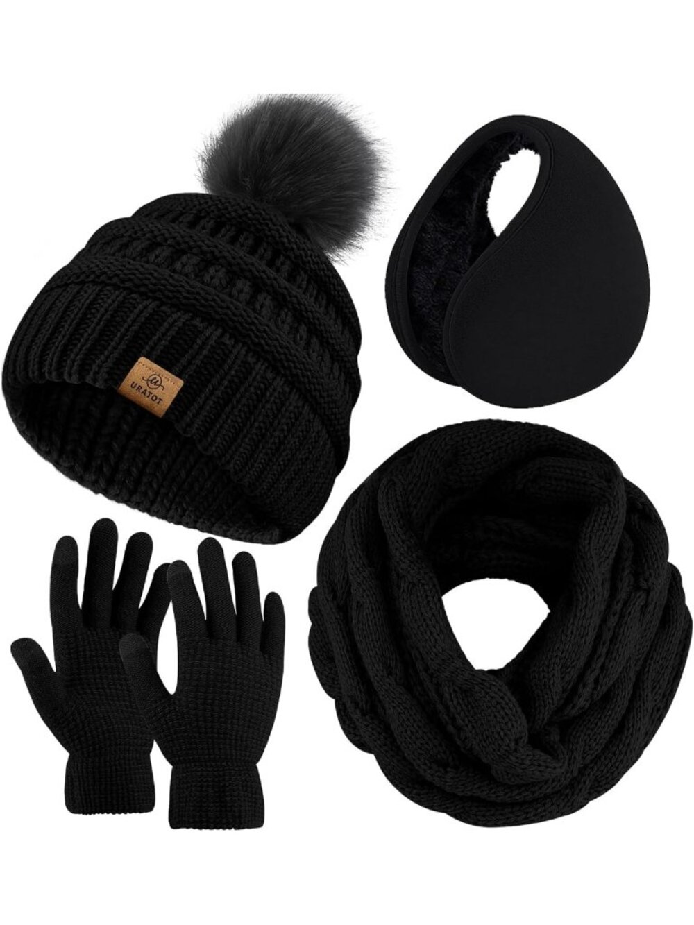 Cozy Winter Warm Set: Knitted Scarf, Beanie, Pompom Hat & Touch Screen Gloves